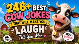 246+ best cow jokes with a cheerful cartoon cow on a colorful farm background
