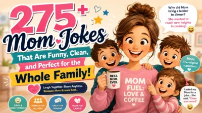 275+ funny mom jokes in a cheerful family-friendly banner with a smiling mom and children