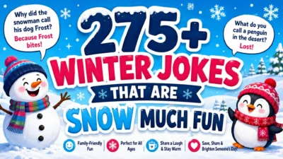 275+ winter jokes with a cheerful snowman and penguin in a colorful snowy scene
