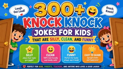 300+ knock knock jokes for kids in a colorful, silly, clean, and funny cartoon poster