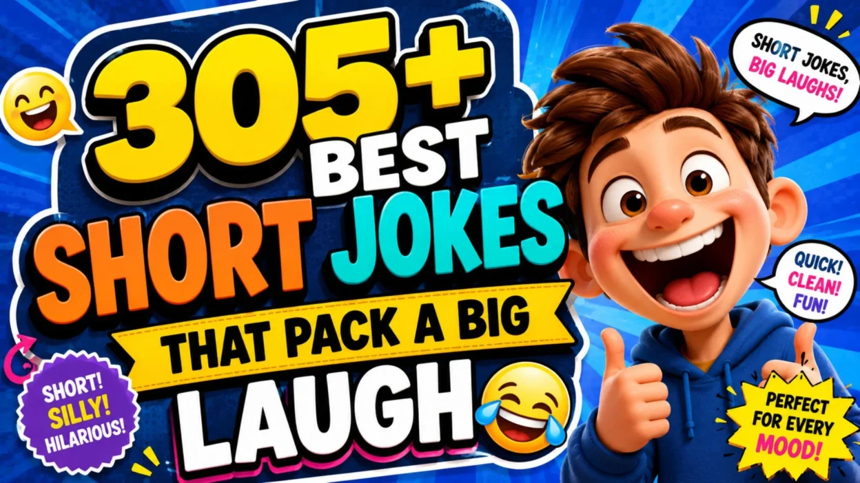 305+ best short jokes with a cheerful cartoon boy and colorful comedy design