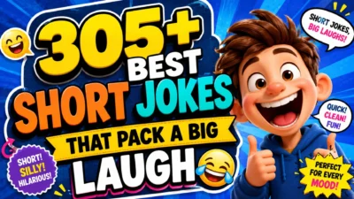 305+ best short jokes with a cheerful cartoon boy and colorful comedy design