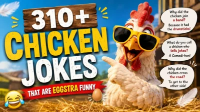 310+ chicken jokes that are eggstra funny with a laughing chicken in sunglasses