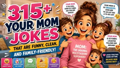 315+ funny your mom jokes with a smiling mom and kids enjoying clean family-friendly humor