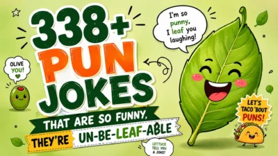 338+ funny pun jokes with a cheerful leaf character and playful green-themed humor