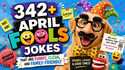 342+ April Fools jokes with a funny dog, colorful prank props, and family-friendly humor