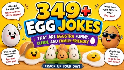 349+ egg jokes in a colorful cartoon graphic with funny egg characters and family-friendly egg puns