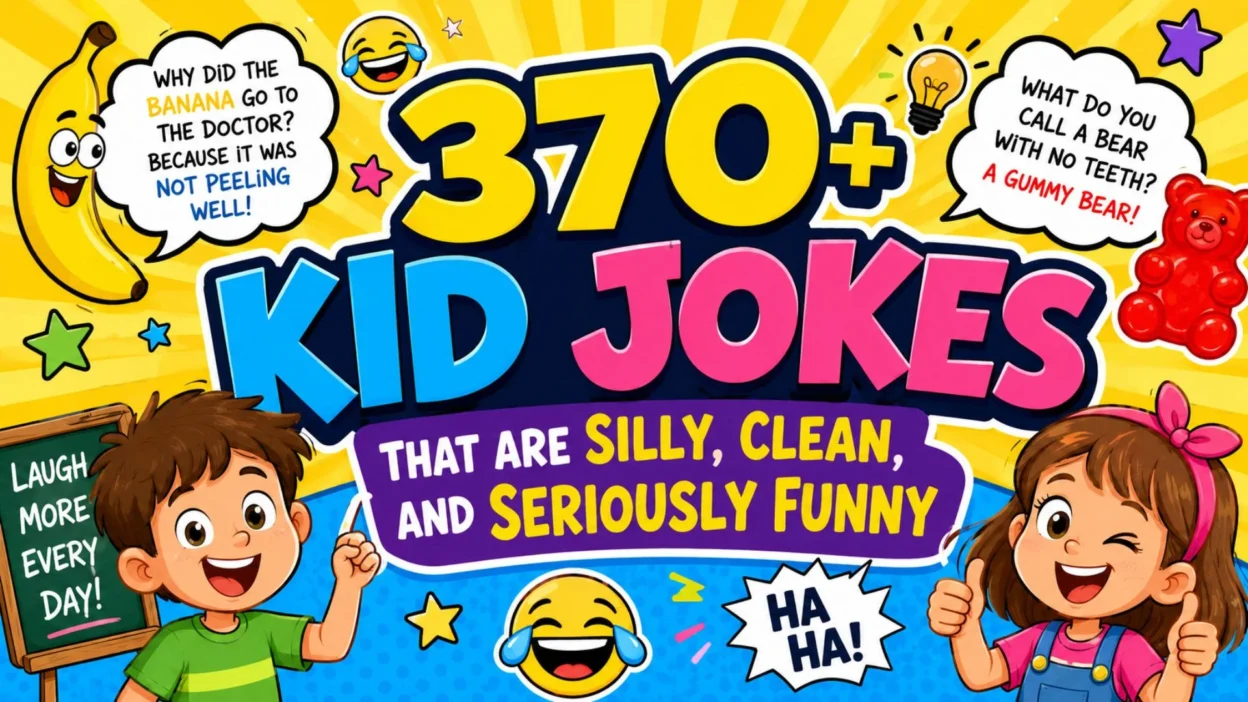 370+ kid jokes featuring silly, clean, family-friendly humor with cheerful cartoon children