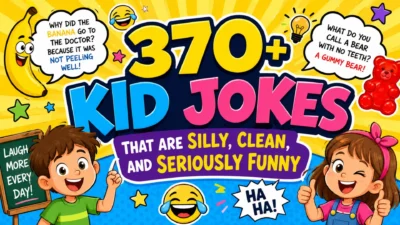370+ kid jokes featuring silly, clean, family-friendly humor with cheerful cartoon children