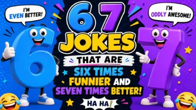 6 7 jokes graphic with funny cartoon numbers six and seven smiling and sharing playful number puns