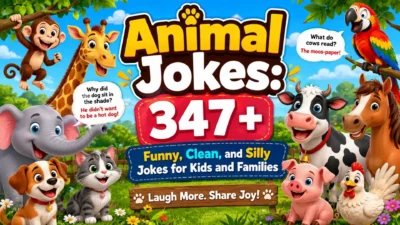 Funny animal jokes banner with cartoon dogs, cats, cows, giraffes, elephants, and other animals for kids and families