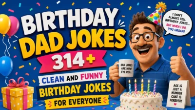 Birthday dad jokes with a cheerful dad, colorful balloons, cake, and 314+ clean funny birthday jokes