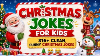 Christmas jokes for kids with Santa, reindeer, snowman, and 316+ clean funny Christmas jokes