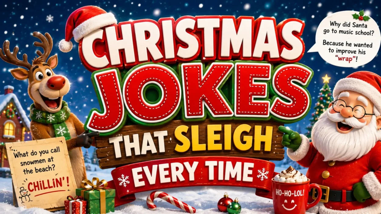 Christmas jokes graphic with festive holiday design and funny seasonal humor