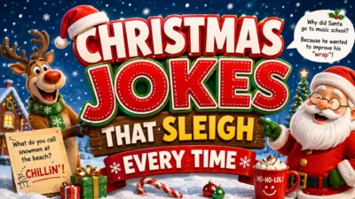 Christmas jokes graphic with festive holiday design and funny seasonal humor