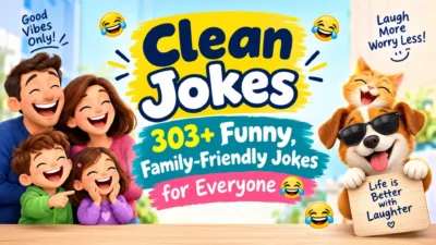 Clean jokes featuring a laughing family, funny dog, cat, and 303+ family-friendly jokes for everyone