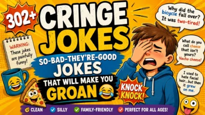 Cringe jokes poster with 302+ funny, clean, family-friendly jokes and a cartoon boy reacting to silly puns
