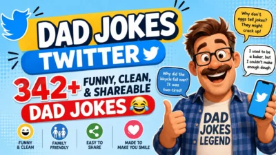 342+ funny and clean dad jokes for Twitter featuring a cheerful dad sharing jokes and playful puns