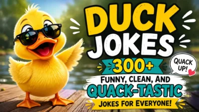 Funny duck jokes with a cheerful duckling wearing sunglasses and a 300+ jokes banner
