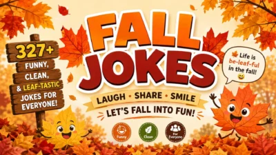 Funny fall jokes graphic with 327+ clean leaf-tastic autumn jokes for everyone