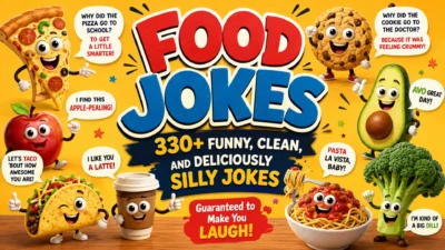 Funny food jokes with colorful pizza, cookie, avocado, taco, pasta, and broccoli characters for kids and families