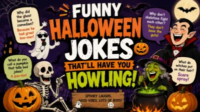 Funny Halloween jokes poster with ghosts, pumpkins, skeletons, witches, and spooky one-liners