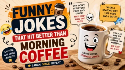 Funny jokes that hit better than morning coffee with a cheerful coffee mug and playful joke bubbles
