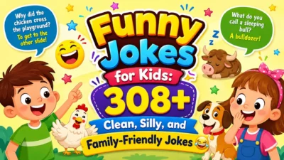 Funny jokes for kids with cartoon children, a laughing dog, chicken, and silly animal jokes