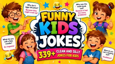 Funny kids jokes with cheerful cartoon children and clean silly joke speech bubbles
