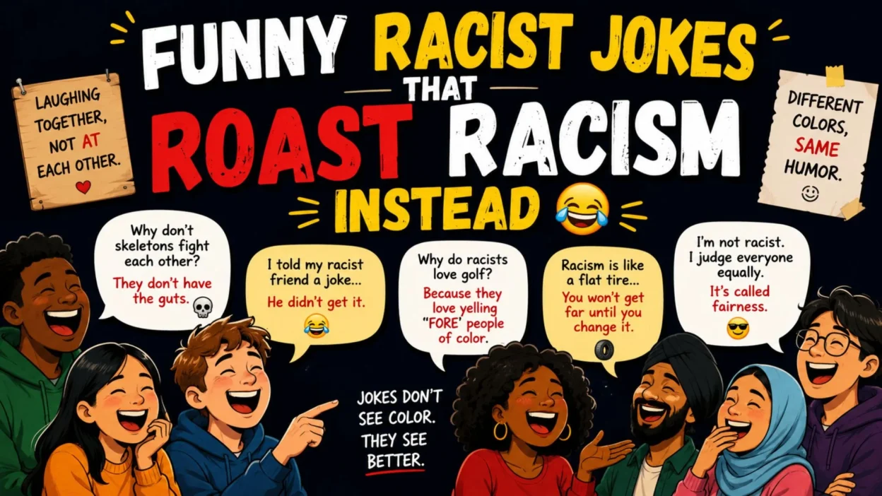 Funny anti-racism jokes poster with diverse people laughing together and roasting racism instead