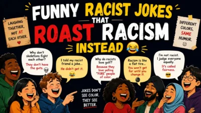 Funny anti-racism jokes poster with diverse people laughing together and roasting racism instead