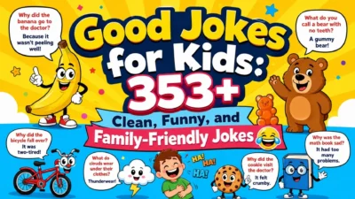 Good jokes for kids with colorful cartoon characters, funny puns, and clean family-friendly humor