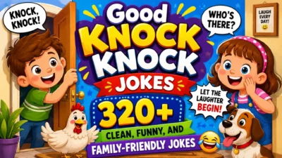 Good knock knock jokes with smiling kids, a dog, chicken, and colorful family-friendly joke bubbles