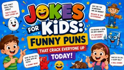 Jokes for kids featuring funny puns, colorful cartoons, laughing children, and playful joke characters