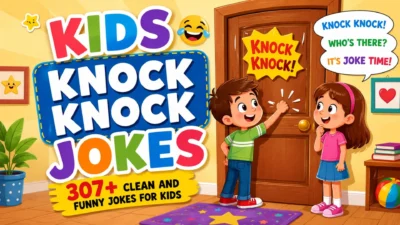 Kids knock knock jokes with colorful cartoon children, a door, and 307+ clean funny jokes for kids