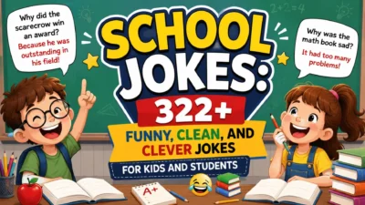 School jokes for kids with funny, clean, and clever classroom humor featuring students and books