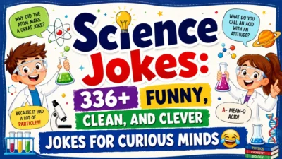 336+ science jokes poster with cartoon scientists, lab equipment, atoms, planets, and funny science puns