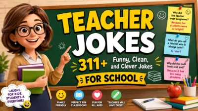 Teacher jokes with funny classroom humor, school supplies, and cheerful teacher-themed design
