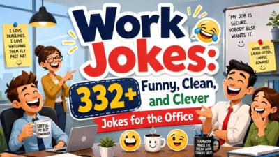 Funny work jokes cartoon with laughing coworkers, office humor, coffee, and 332+ clean jokes for the workplace