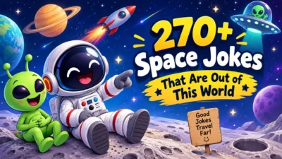 Cartoon astronaut and alien enjoying 270+ funny space jokes on the moon