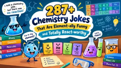 287+ chemistry jokes with funny atoms, colorful lab glassware, and a playful periodic table