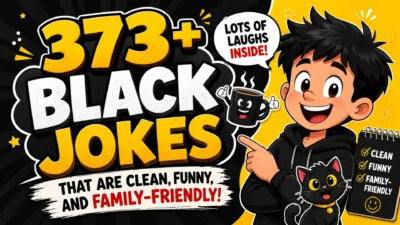 373+ clean black jokes with a funny cartoon kid, coffee cup, and black cat for family-friendly laughs