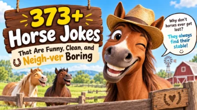 373+ funny horse jokes with a smiling cartoon horse on a sunny farm