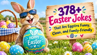 Easter bunny with sunglasses beside colorful eggs and a sign featuring 378+ funny Easter jokes