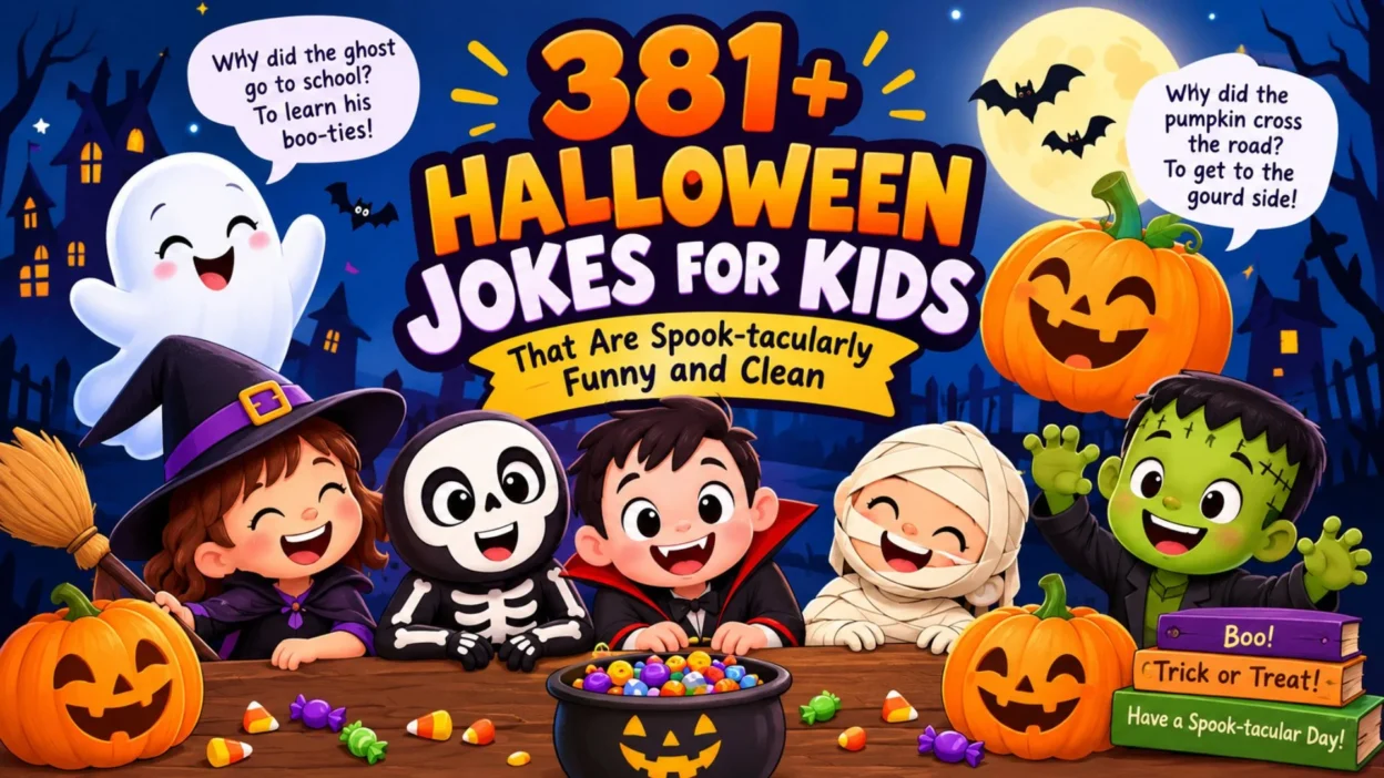 381+ Halloween jokes for kids with cute costumes, pumpkins, candy, ghost, bats, and clean funny humor
