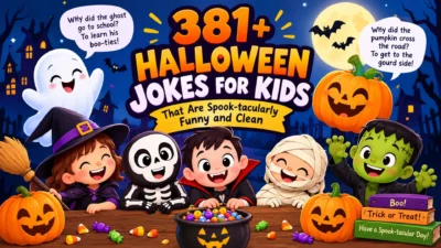 381+ Halloween jokes for kids with cute costumes, pumpkins, candy, ghost, bats, and clean funny humor