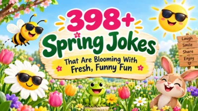 398+ spring jokes with flowers, sunshine, bee, frog, and bunny in a colorful spring meadow