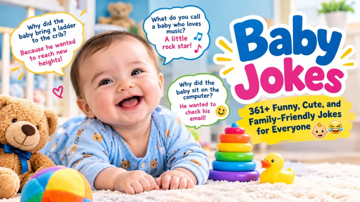 Cute baby laughing with teddy bear and colorful toys for funny family-friendly baby jokes