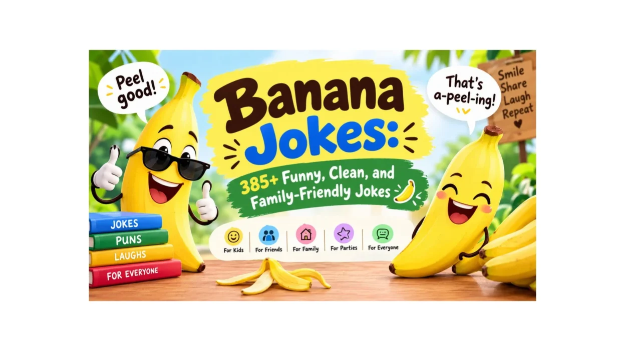 Funny banana jokes with cheerful cartoon bananas and family-friendly humor