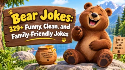 Funny bear jokes with a cheerful cartoon bear, honey jar, and forest lake background